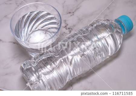 Heat stroke prevention, a cup and a plastic bottle of water Heat stroke prevention, a cup and a plastic bottle of water 116711585
