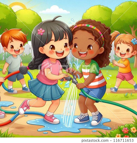 Children playing in water in the park 116711653