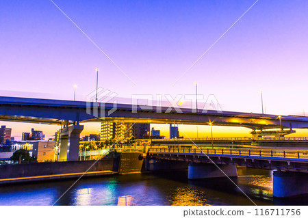 Arakawa River and Shuto Expressway at dusk 116711756