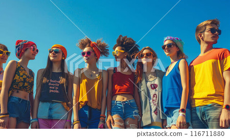 Diverse group of young people standing together at beef summer festival 116711880