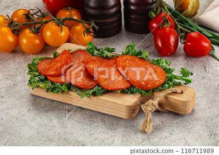 Spanish salami cured chorizo sausage 116711989