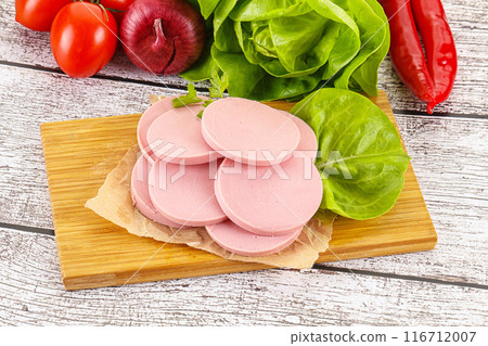 Slices boiled sausages for breakfast 116712007