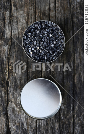 Lead bullets for an air rifle. Bullets for sports weapons. A can of bullets. Lead bullets for an air rifle. Bullets for sports weapons. A can of bullets. 116712082