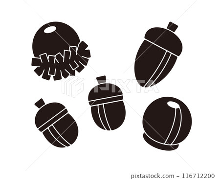 Silhouette illustration of an acorn and an oak tree. Black and white illustration of cute autumn nuts. 116712200