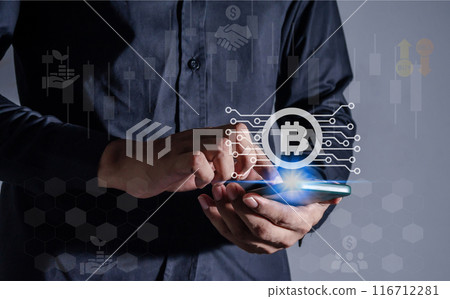 investors using mobile phones to trade cryptocurrencies online using the internet and networks 116712281