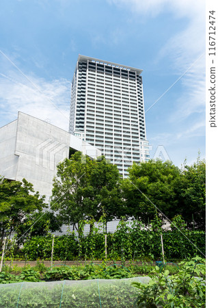 Cross Air Tower and Meguro Sky Garden, in front of Ikejiri-Ohashi Station, clear summer sky, Meguro-ku, Tokyo Cross Air Tower and Meguro Sky Garden, in front of Ikejiri-Ohashi Station, clear summer sky, Meguro-ku, Tokyo 116712474