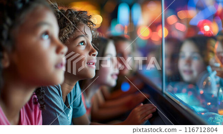 Children observing fish in tank 116712804