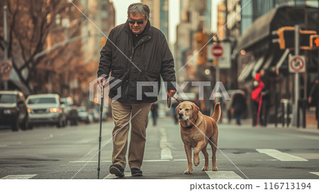A blind man walks with a guide dog. The concept of independence and trust in navigating the world with the help of a service animal. Generative AI. 116713194