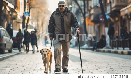 A blind man walks with a guide dog. The concept of independence and trust in navigating the world with the help of a service animal. Generative AI. 116713196