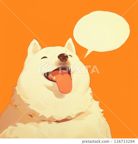 Smiling white dog with a collar and a speech bubble Smiling white dog with a collar and a speech bubble 116713284