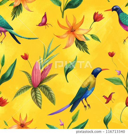 Seamless pattern of vibrant tropical birds perched amongst red and yellow flowers 116713340