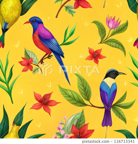 Seamless pattern of vibrant tropical birds perched amongst red and yellow flowers 116713341