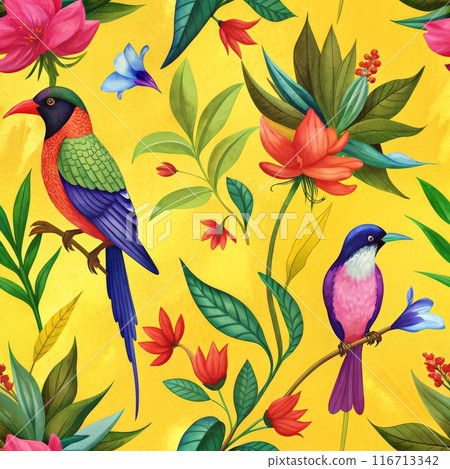 Seamless pattern of vibrant tropical birds perched amongst red and yellow flowers 116713342