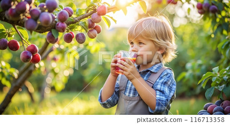 A child drinking plum juice in the orchard 116713358