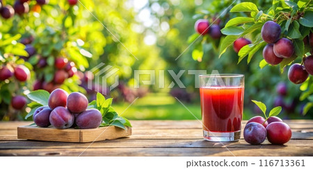 A glass of fresh plum juice in the orchard 116713361