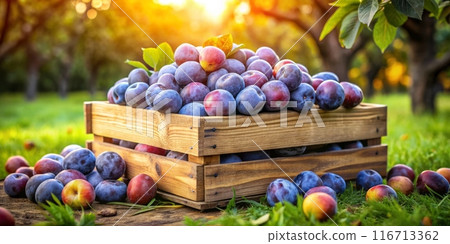 A wooden box with ripe plums in the orchard 116713362