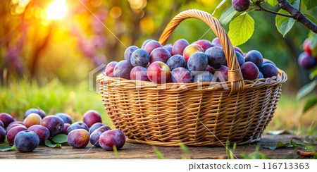 A basket with ripe plums in the orchard 116713363