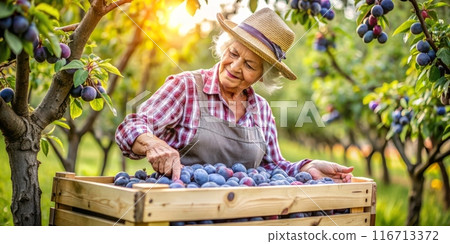 Woman picking plums in a sunny orchard 116713372