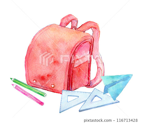 Red school bag and stationery watercolor illustration Red school bag and stationery watercolor illustration 116713428