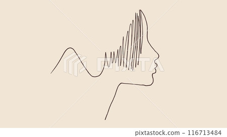Minimalist Line Art Profile of Woman with Wavy Hair and Mountain-like Curves Minimalist Line Art Profile of Woman with Wavy Hair and Mountain-like Curves 116713484