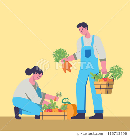 Farming couple harvesting their crops Farming couple harvesting their crops 116713596