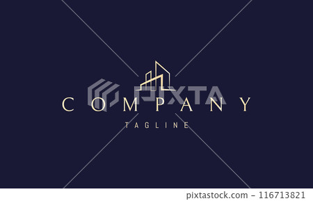 Vector golden logo with an abstract image of a modern building in a linear style. 116713821