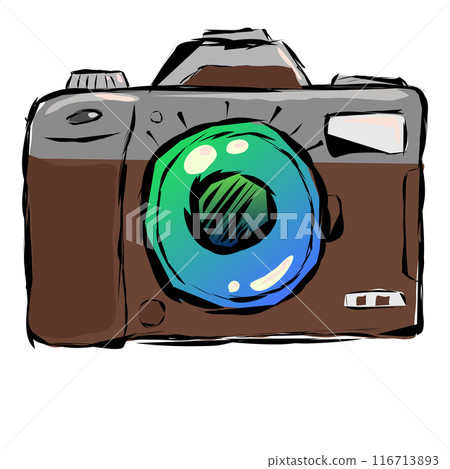 Old retno photo camera is brown with an aluminum finial. Vector illustration camera full-face view with large colored glass of blue-green color. The drawing is made in the sketch style of strokes. Old retno photo camera is brown with an aluminum finial. Vector illustration camera full-face view with large colored glass of blue-green color. The drawing is made in the sketch style of strokes. 116713893