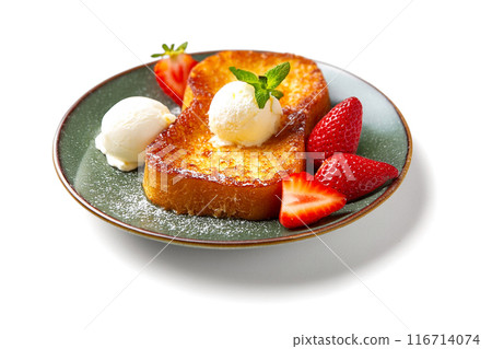 French toast served on a plate with strawberries and vanilla ice cream, cut out on white background French toast served on a plate with strawberries and vanilla ice cream, cut out on white background 116714074