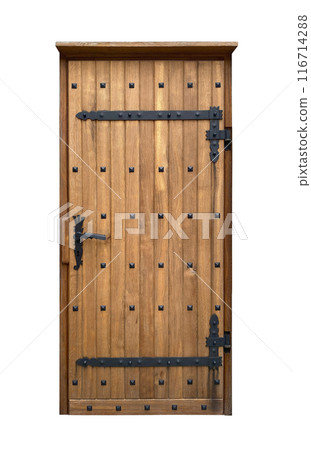 Old wooden door isolated on white background 116714288