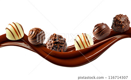 Fantasy image of an assortment of high-quality chocolate bonbons and chocolate sauce, cut out on a white background Fantasy image of an assortment of high-quality chocolate bonbons and chocolate sauce, cut out on a white background 116714307