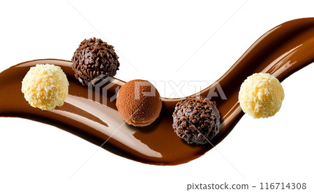 Fantasy image of an assortment of high-quality chocolate bonbons and chocolate sauce, cut out on a white background 116714308