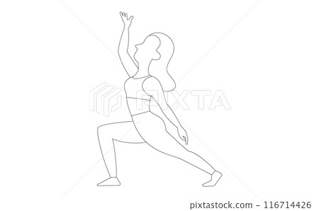 Line drawing illustration of a woman wearing sportswear doing yoga Line drawing illustration of a woman wearing sportswear doing yoga 116714426