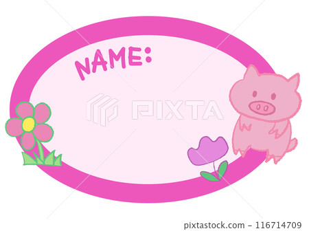 Cute pig, flower on name tag for back to school, pet school, kids, toddlers, vet, pet shop, zoo, sticker, card, masking tape, decoration, memo, sticky note, animal, garden, floral, cartoon character 116714709