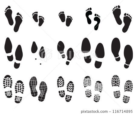 Various prints of shoes and human feet, black silhouettes on a white background Various prints of shoes and human feet, black silhouettes on a white background 116714895