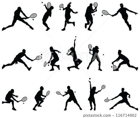 Black silhouettes of tennis players, illustration on a white background 116714902
