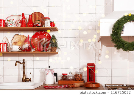 Kitchen counter and shelves, Christmas decoration at home, background 116715032