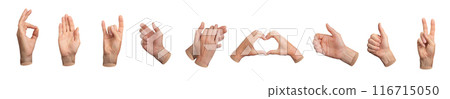 Different hand gestures set. OK, hi sign, holding, horns, heart shape, thumb up, victory isolated on Different hand gestures set. OK, hi sign, holding, horns, heart shape, thumb up, victory isolated on 116715050