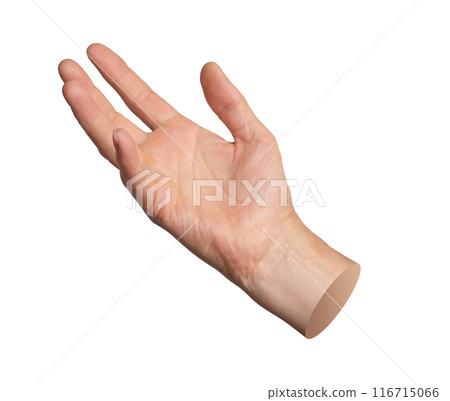 Hand reaching out, open palm holding something, gesture isolated on white background 116715066