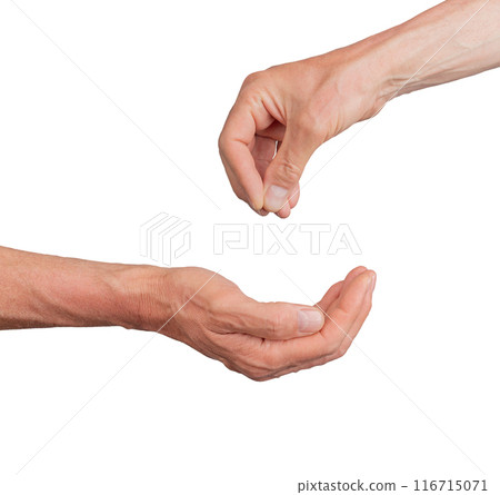 Hands giving, and cup-shaped palm taking and begging isolated on white background 116715071