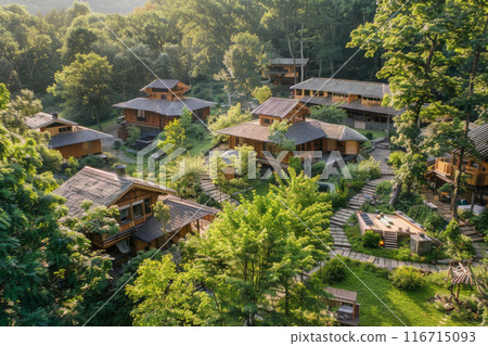 Aerial view of wooden cabins in a forested area with lush greenery. Resort and eco-tourism concept Aerial view of wooden cabins in a forested area with lush greenery. Resort and eco-tourism concept 116715093