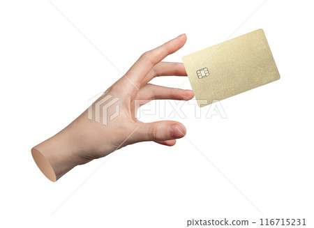 Hand reaching, taking, grabbing, catching gold bank credit debit card mockup levitating isolated on 116715231