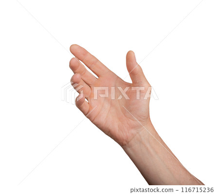 Hand holding, grabbing, showing, presenting something isolated on white background 116715236