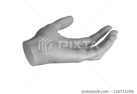 Pam reaching out in cup shape, begging, asking, holding something invisible, hand sign isolated on 116715268