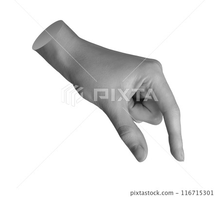 Showing small, something very little, two fingers taking invisible smth, hand sign isolated on white 116715301