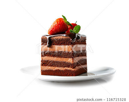 Stylish strawberry and chocolate decorated cake, cut out on white background Stylish strawberry and chocolate decorated cake, cut out on white background 116715328