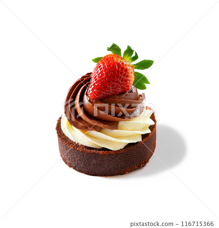 Stylish strawberry and chocolate decorated cake, cut out on white background 116715366