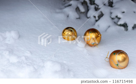 Golden Christmas tree balls in white fluffy snow by tree. Banner with copy space Golden Christmas tree balls in white fluffy snow by tree. Banner with copy space 116715498