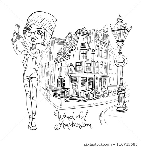 Vector beautiful girl makes selfie in Amsterdam 116715585