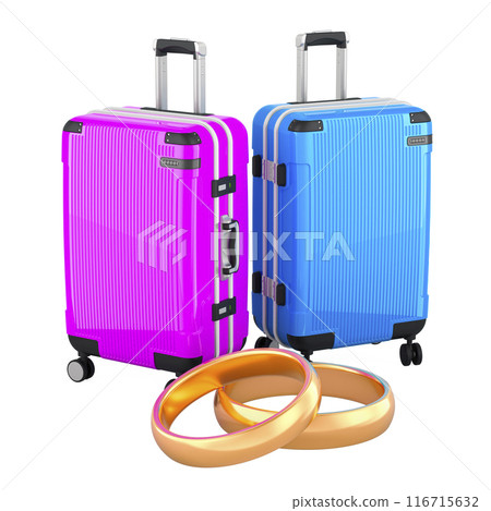 Wedding travel, honeymoon concept. Suitcases with wedding rings, 3D rendering Wedding travel, honeymoon concept. Suitcases with wedding rings, 3D rendering 116715632