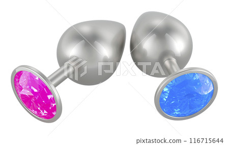 Anal butt plugs with jewelry pink and blue stones, from stainless steel. 3D rendering Anal butt plugs with jewelry pink and blue stones, from stainless steel. 3D rendering 116715644